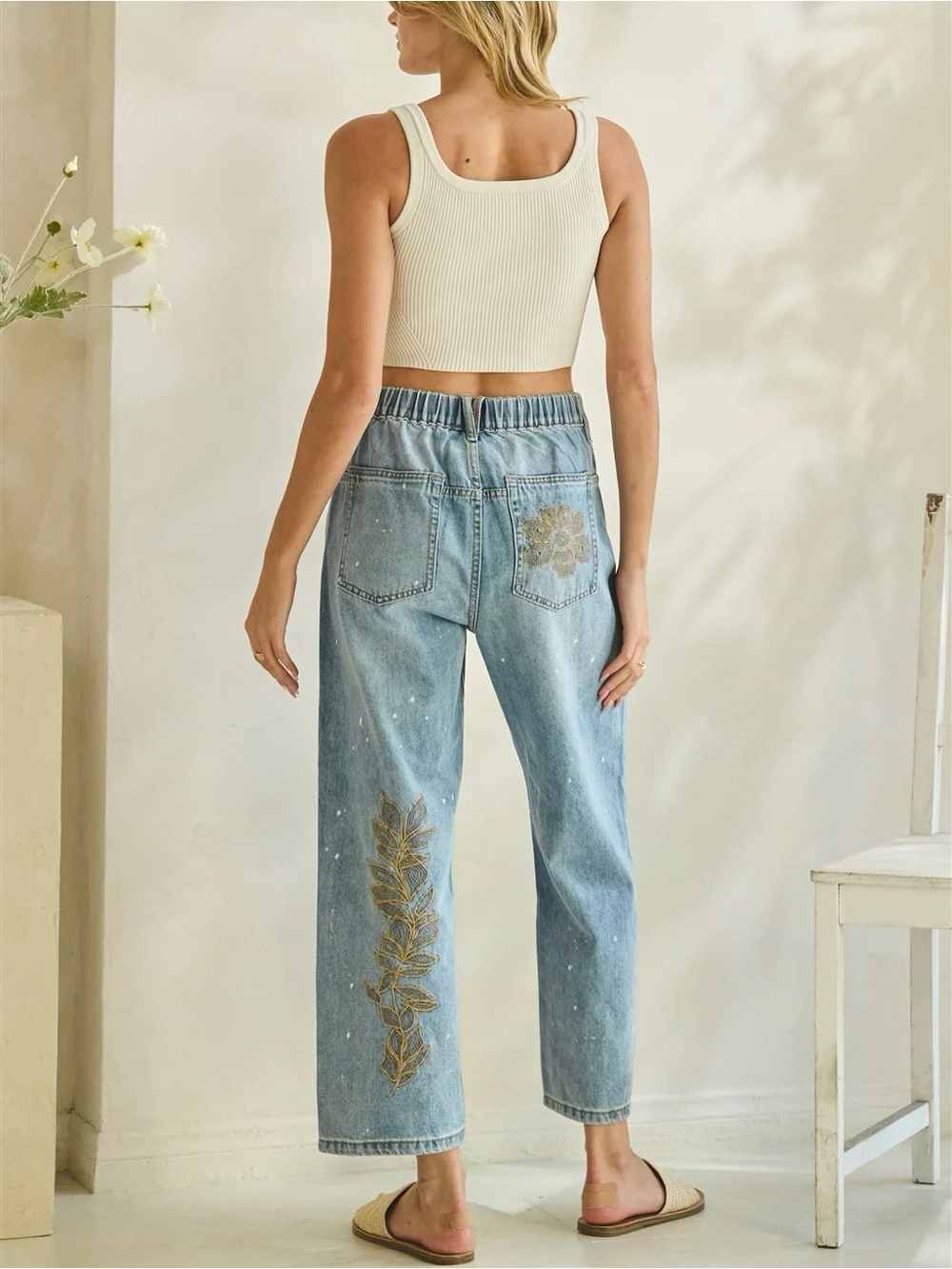 Oli & Hali Floral Embroidered Jeans | High Waist Ankle Crop Statement Denim - Picture 7 of 8